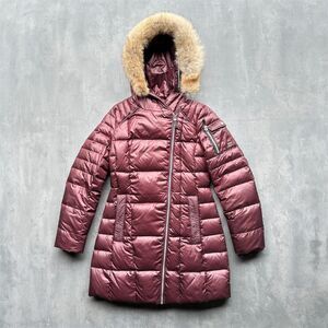 Marc New York XS Long Down Puffer Coat Real Coyote Fur Hood Burgundy